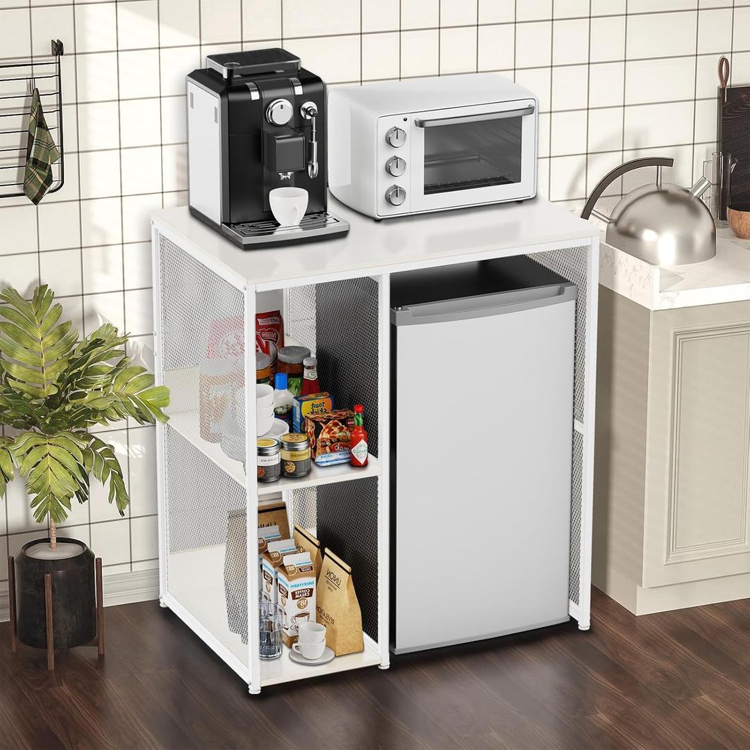 KirKical 3-Tier Coffee Bar Cabinet with Mini Fridge Space, Simple Style Microwave Stand Bakers Rack, Utility Compact Refrigerator Storage Organizer for Home Kitchen Dorm, White