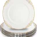 Okllen 12 Pack Plastic Round Charger Plates, 13" Dinner Charger Dessert Plates with Gold Rim, Vintage Charger Serving Plates for Catering, Wedding, Tabletop Decor, White, Floral Trim