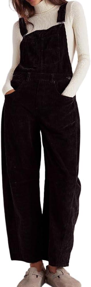 chouyatou Women's Fall Winter Corduroy Overalls Boyfriend Adjustable Strap Bib Jumpsuit Barrel Harem Pants (X-Large, Black)