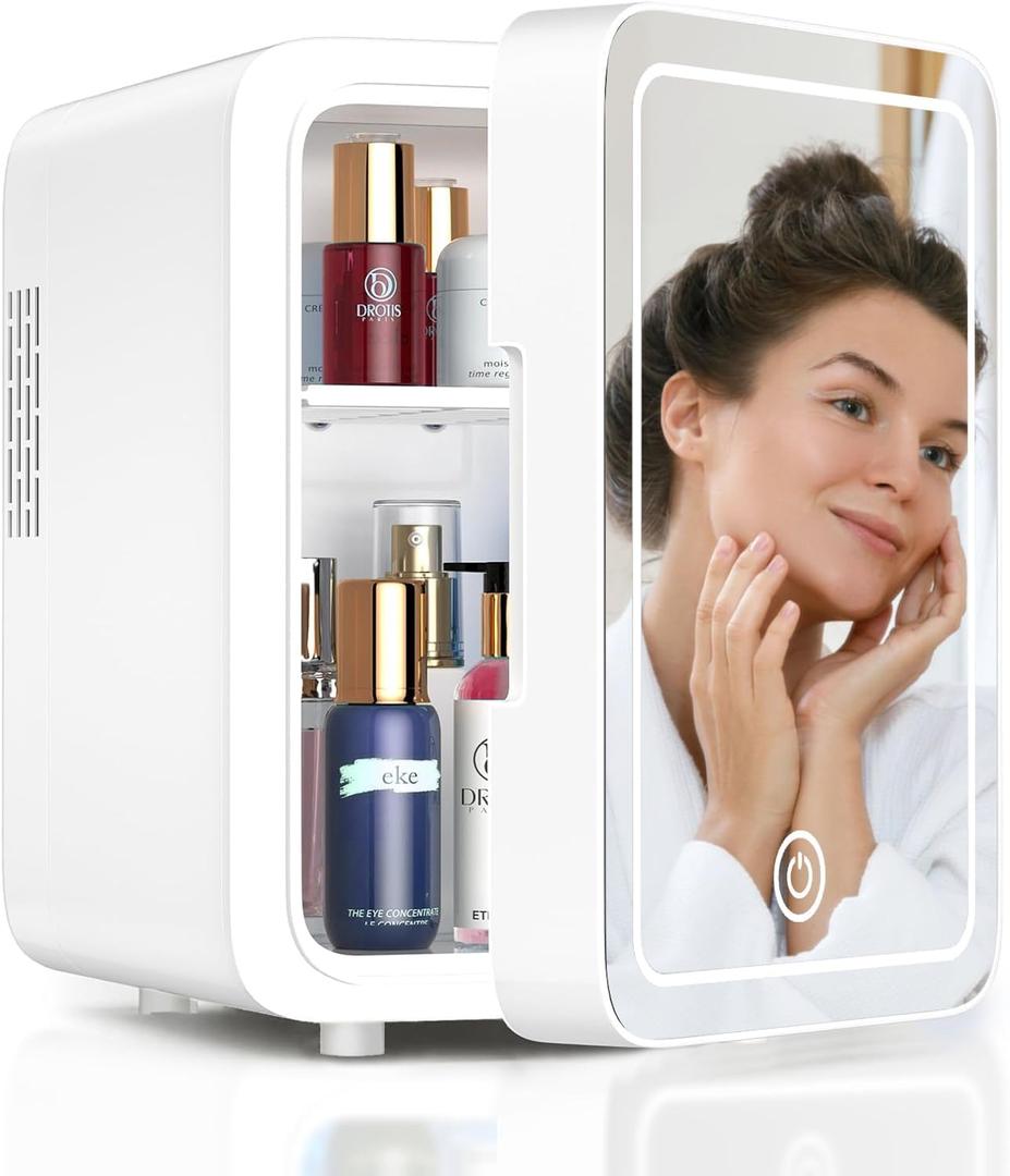 Skincare Fridge With Dimmable LED Light Mirror, 4L Makeup Mini Fridge for Bedroom, Car, Office & Dorm, Cooler & Warmer, Portable Small Refrigerator for Cosmetics, Skin Care and Food, White