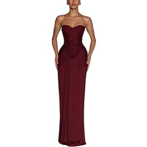ABINGOO Women Strapless Wedding Guest Maxi Dress Bodycon Corset Tie Front Mermaid Tube Cocktail Long Formal Dresses (Red, S)
