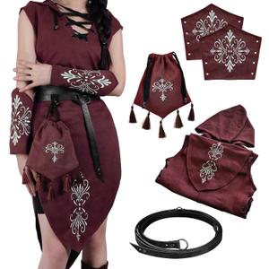 HiiFeuer 5PCs Women Renaissance Suede Sleeveless Elf Costume, Medieval Hooded Gown with Bracers Drawstring Bag Fantasy Belt (X-Large)