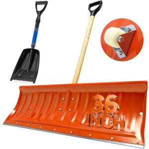 Therwen 2 Pcs Snow Pusher Include 1 36-inch Steel Snow Pusher with Scroll Wheel 1 Retractable Shovel Heavy Duty Folding Emergency Removal Tool for Car Driveways, Gardens, Sidewalk, Camping