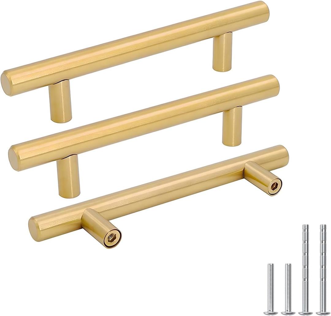 goldenwarm 10 Pack Brushed Brass Drawer Bar Handles Gold Dresser Hardware Kitchen Cupboard Handles 3-1/4in Gold Pulls - Modern Style T Bar Furniture Door Pulls, Stainless Steel