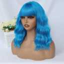 Teal Blue Wig with Bangs for Women 14 Inch Shoulder Length Blue Wigs Short Bob Wavy Curly Wig Heat Resistant Synthetic Colorful Wig