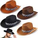 4 Pcs Classic Western Cowboy Hat for Small Head Wide Brim Felt Cowboy Hat Bulk Cow Print Strap Cowgirl Hat for Cowboy Cowgirl Party