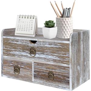 Wood Desk Organizer with Drawer, Washed Brown Wooden Desktop Organizer, Tabletop Storage Organization Box for Countertop, Home Office Supplies (3 Drawer and Shelf)