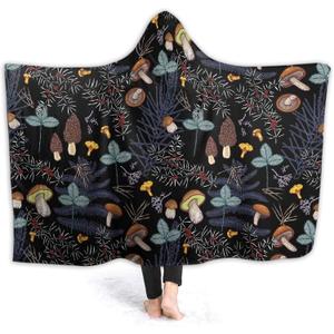 Mushroom Hooded Blanket Mushrooms Gifts for Women Soft Fleece Flannel Dark Wild Forest Mushrooms Throw Wearable Blanket All Season Plant Blankets for Bed Decorative 80"x60" for Audlt