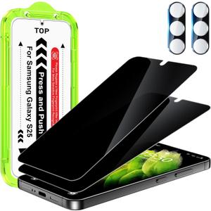 Esanik [2+2 Pack Privacy Screen Protector for Samsung Galaxy S25 6.2'' Anti Spy PET Film(NOT Glass) with Easy Installation Frame + Camera Lens Protector Fingerprint ID Compatible