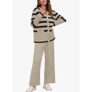 Viottiset Women's 2 Piece Outfits Stripe Sweatsuit Set Long Sleeve Button Sweatshirt Wide Leg Sweatpants Lounge Set, XL