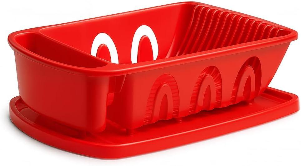 Tribello Sink Dish Drying Rack, Heavy Duty Hard Plastic Sink Set with Drainer (Red)