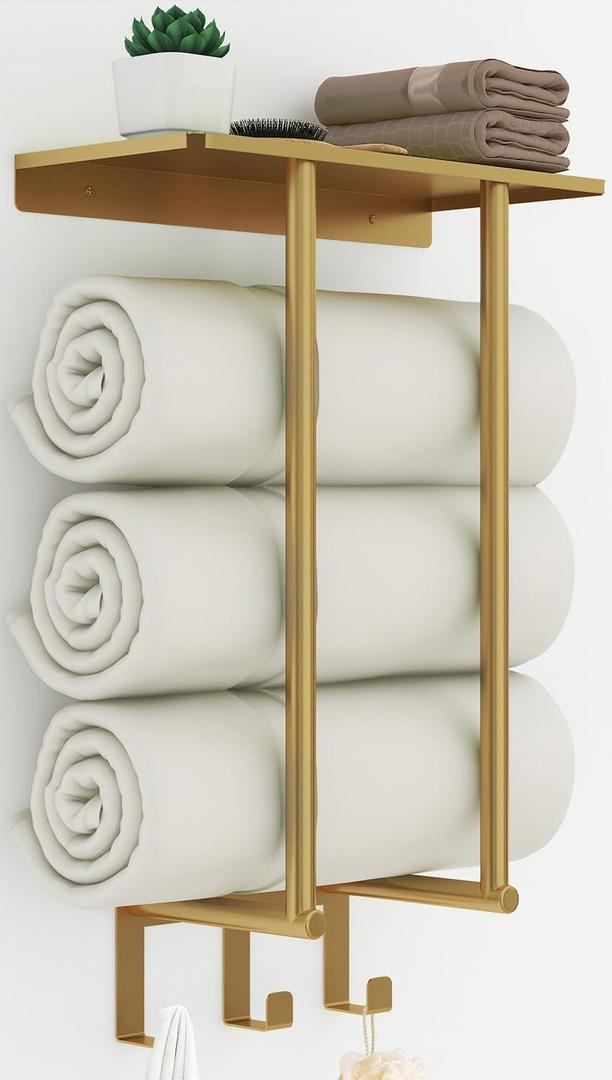 Towel Rack with Metal Shelf and 3 Hooks, Bethom Towel Racks for Bathroom Wall Mounted, Metal Gold Bath Towel Holder Storage Wall for Small Bathroom (Round Tube)
