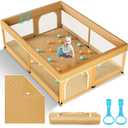 Omzer Baby Playpen with Mat 71"59" - Extra Large Playpen for Babies and Toddlers with Mat Included, Safety Playard for Baby with Gate, All-Wrapped Soft Sponge Baby Gate Playpen with Stable Mat Velcro (Beige)
