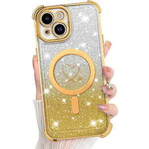 KANGHAR for iPhone 15 Case, Support for MagSafe [Four Corner Cushion Series] Love Heart Pattern Electroplate Edge Shockproof Durable Full Body Protection for Girls Women -Gold