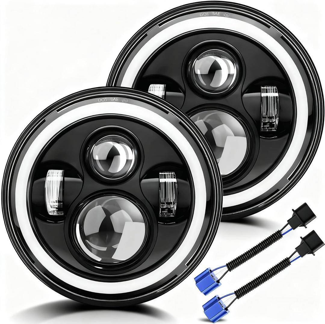 7 inch led Headlights Round Halo Turn Signal DOT Approved JK Halo Headlights H6024 Compatible with Wrangler JK JKU TJ CJ LJ Hi/Lo Projector Sealed Beam, Black 2PCS