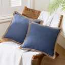 Phantoscope Pack of 2 Farmhouse Decorative Solid Throw Decorative Pillow Cover Burlap Linen Trimmed Tailored Edges Navy Blue 18 x 18 inches, 45 x 45 cm