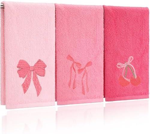 FuWeave 3 Pcs Pink Hand Towels for Bathroom Coquette Bow Embroidered Decorative Towel 100% Cotton Soft Absorbent Kitchen Facecloth Preppy Bathroom Decor Bridal Shower Wedding Gift 13.7 x 29.5''