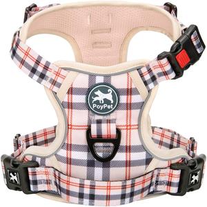 PoyPet Plaid Dog Harness, No Pull Front Clip Pet Vest Harness, Soft Padded Reflective Adjustable Walking Harness with Handle for Large Dogs(Checkered Beige,Large)