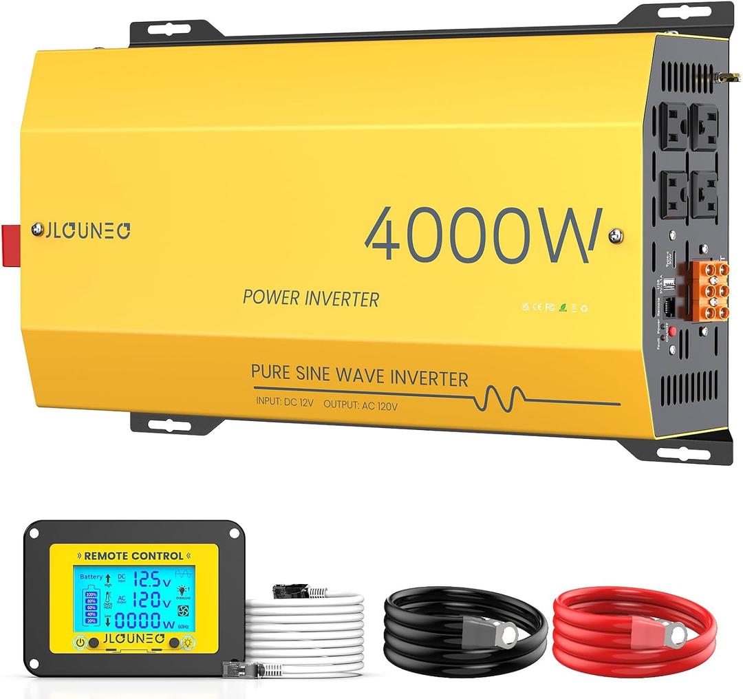 4000W Pure Sine Wave Inverter 12V DC to 120V AC Converter for Home, RV, Truck, Off-Grid Solar Power Inverter Built-in 3.1A USB, Type-C Port, AC Hardwire Output Port, Remote Control with LCD Screen