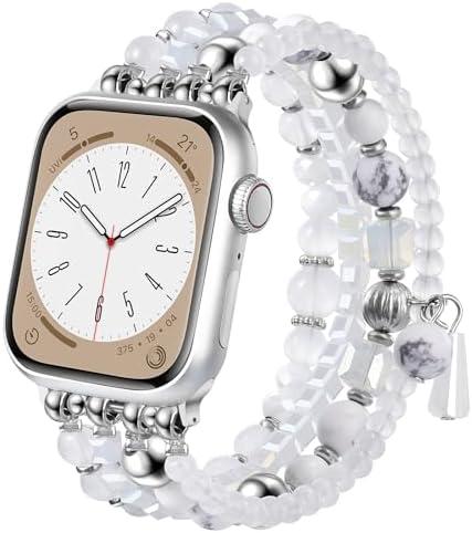 CAGOS Bracelet Beaded Band Compatible with Apple Watch 42mm/44mm/45mm Series 9 8 7 SE Series 6/5/4 Fashion Handmade Crystal Beads Stretchy Watch Strap for iWatch Bands Series 3/2/1 White 2 Pack