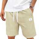 Men's Corduroy Shorts Casual Elastic Drawstring Lightweight Summer Beach Shorts with Pockets (Beige, XXXL)