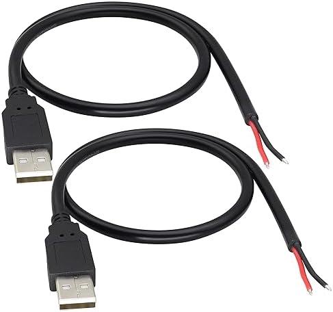HCFeng 18AWG USB 2.0 Male Plug to 2pin Bare Cable USB A Male Plug to 2pin Bare Wire Pigtail Open End Extension Adapter 5V 5A Power Charge Wires DIY Connector Cable [2PacK/Black][0.5M/1.6ft]