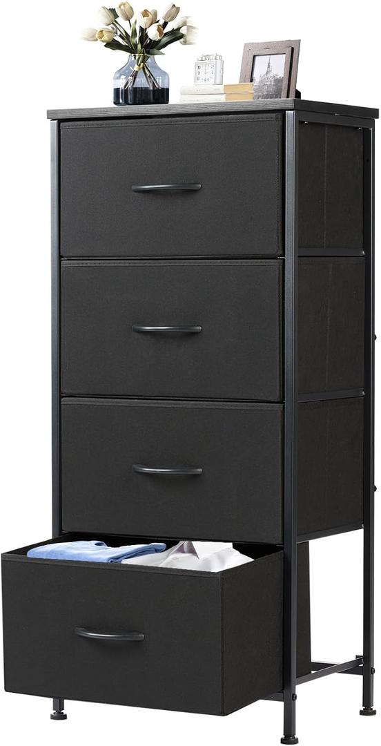 DUMOS Nightstand with 4 Drawers Bedside Table with Removable Fabric Bins Sturdy Steel Frame Wood Top Organizer Furniture for Bedroom Nursery Closet Living Room (11.8"D x 17.7"W x 37.4"H (4 Drawers), Black)