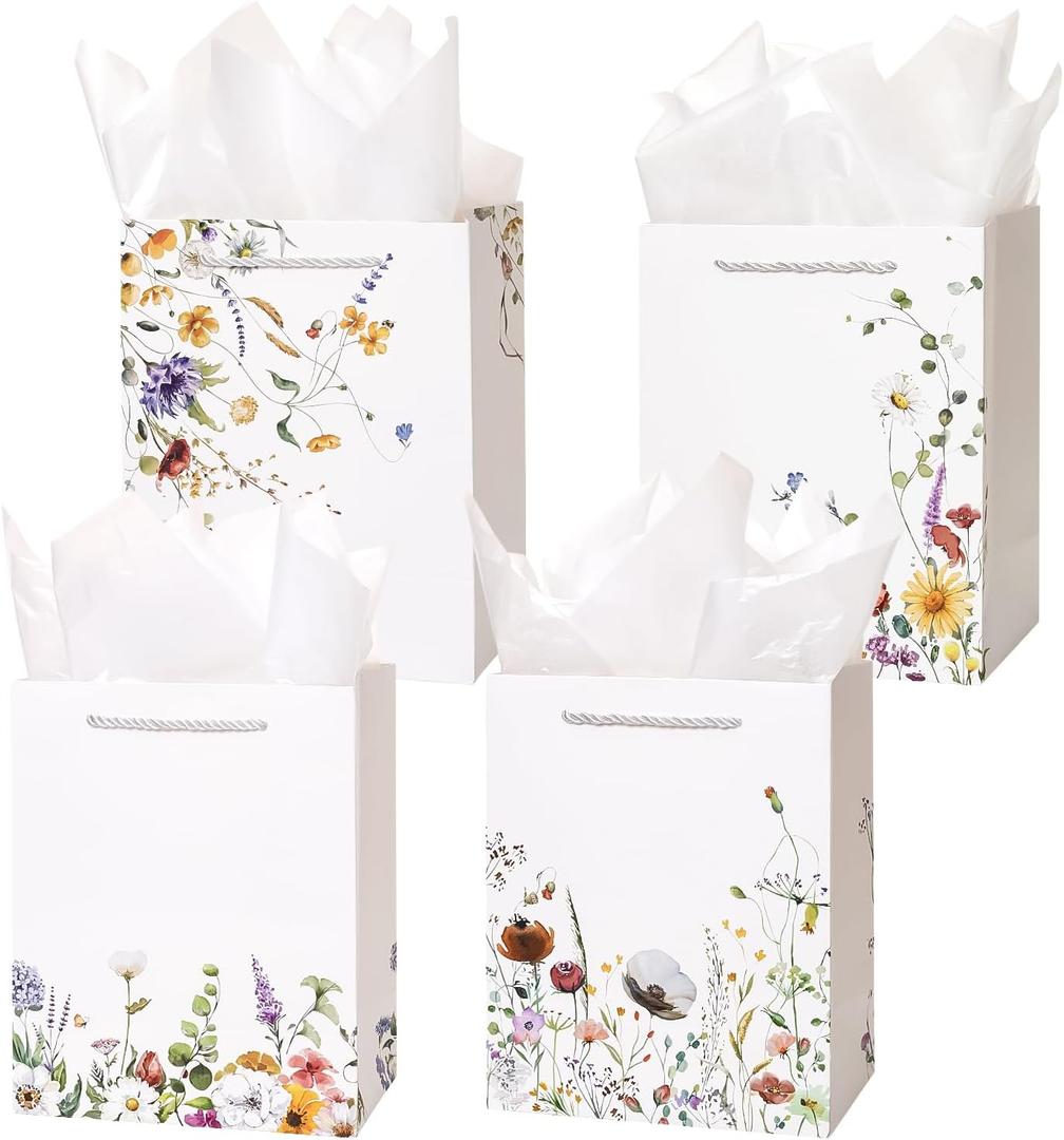 Crisky 4 Pack Medium Gift Bags with Handles, Wildflower Floral Wedding Gift Bag Medium Size Goodie Bags with Tissue Paper for Bridal Shower, Engagement, Birthday, Graduation, Small Business