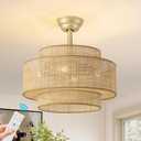 Boho Fandelier Ceiling Fan with Light Rattan Chandelier Fan Remote Gold Caged Ceiling Fan with Light for Bedroom, Living Room Nursery Foyer Kitchen6 Speed, Timing Adjustable Height, Medium