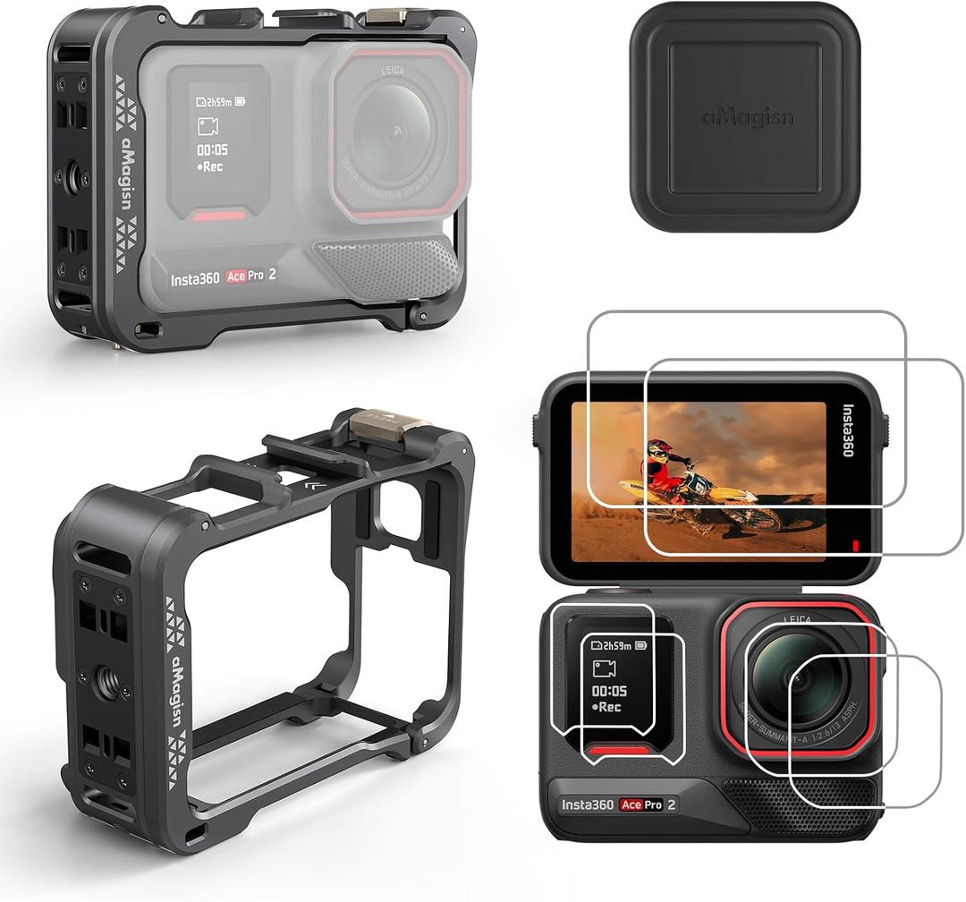 Ace Pro 2 Aluminum Metal Frame Cage Case Bag with Silicone Lens Cap Screen Protector Compatible with Insta360 Ace Pro 2 Camera Accessories Kit (Model Bundling 6)
