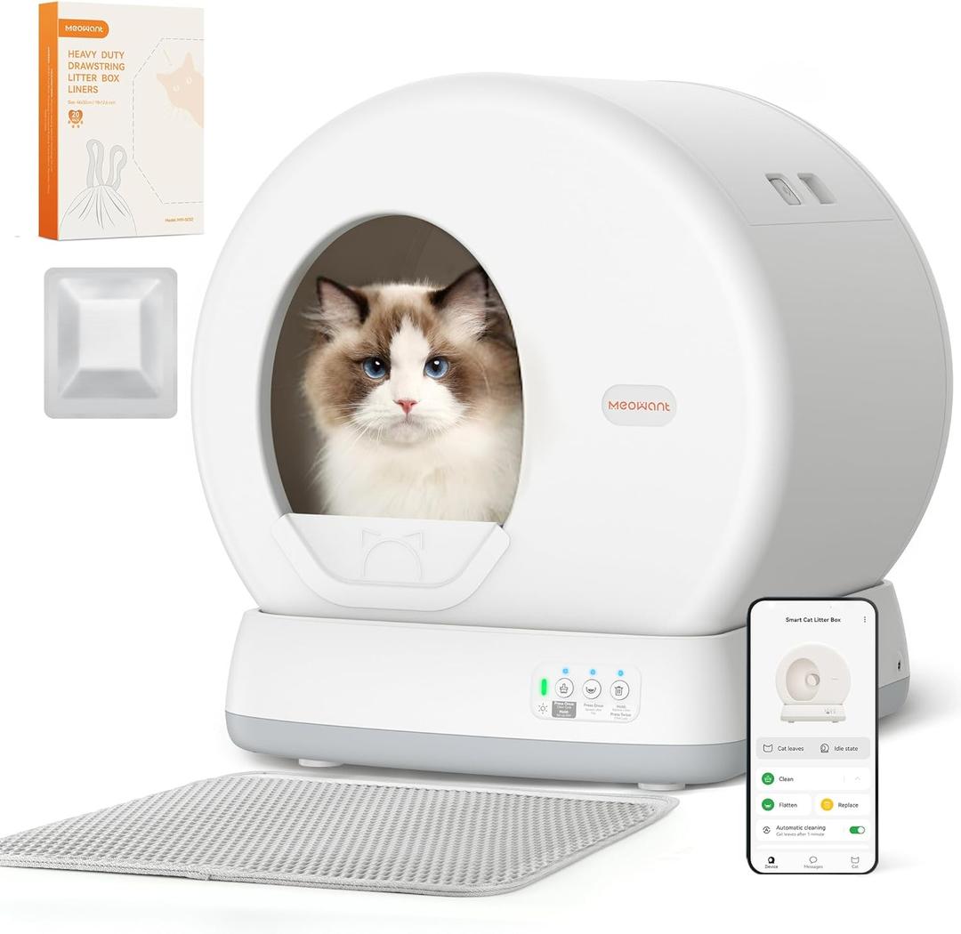 MeoWant Self-Cleaning Cat Litter Box, Integrated Safety Protection Automatic Cat Litter Box for Multi Cats, Extra Large/Odor Removal/APP Control Smart Cat Litter Box with Mat & Liner MeoWant Self-Cleaning Cat Litter Box, Integrated Safety Protection Automatic Cat Litter Box for Multi Cats, Extra Large/Odor Removal/APP Control Smart Cat Litter Box with Mat & Liner