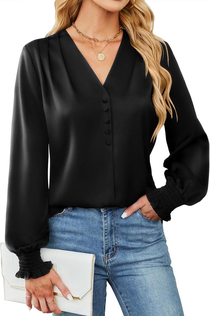 BMJL Women's Blouses Dressy Casual Satin Silk Long Sleeve Shirts Business Casual Tops (Medium, Black)