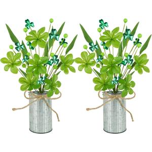 2 Pcs St Patricks Day Decorations Artificial Shamrock Berry Stems in Vase 12'' Green Clover Floral Branches with Metal Pot Greenery Floral Branches for Party Home Table Centerpieces