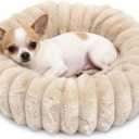 Mini Dog Bed for Very Small Dogs & Cats Washable, Fluffy Round Extra Small Kitten Beds for Indoor Kittens, Ultra-Soft Tiny Puppy Cat Donut Bed for Cozy Sleep, Beige, 16 x 16 x 3.5 Inch