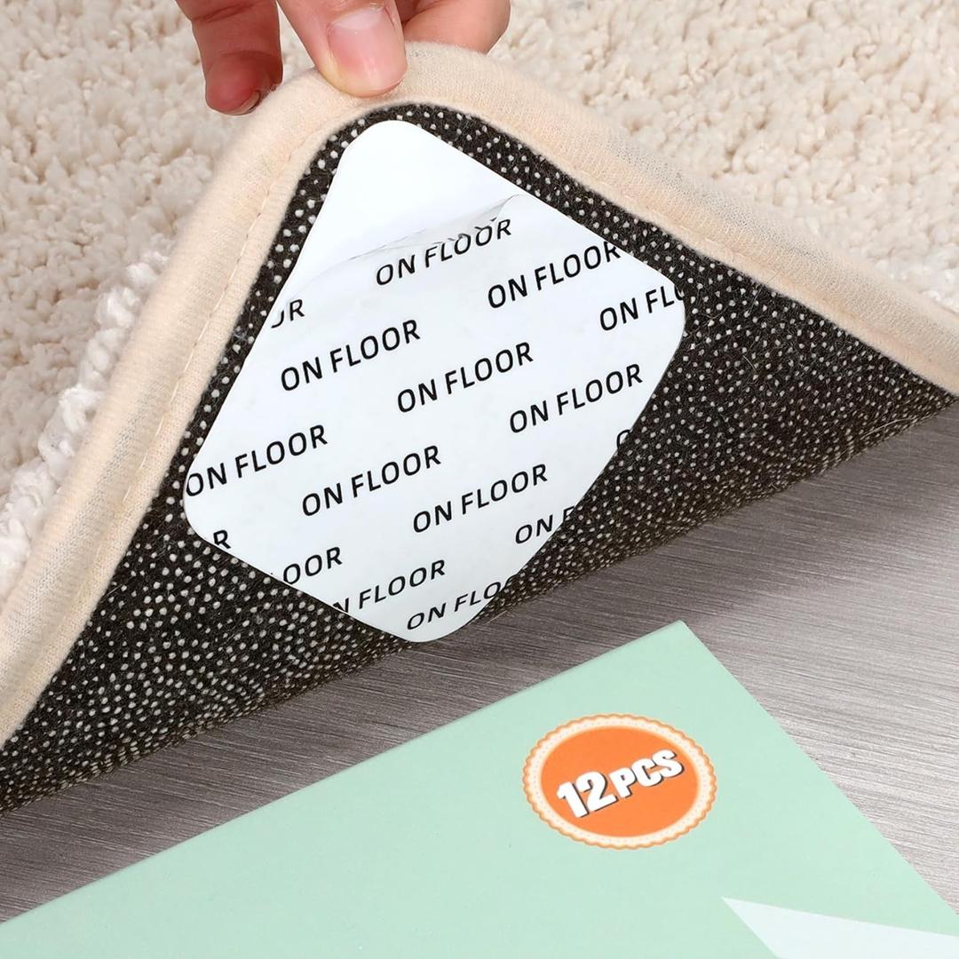 Home Techpro 12 PCS Rug Tape, Gripper for Rug for Hardwood Floors, Double Sided Reusable Under Rug Carpet Tape Stickers, Rug Anti Slip Grips for Area Rugs, Non Slip Rug Pads (White)