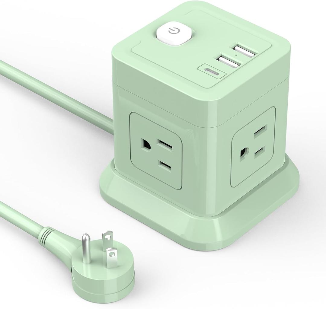 Cube Power Strip, FDTEK 4 Widely Spaced Outlet with 3 USB (1 USB C) Flat Plug Power Strips with Long Extension Cords Space Save Compact Portable for Travel Home Office Cruise (Green) (5FT)