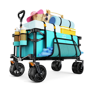 Collapsible Wagon Cart Heavy Duty Foldable, Folding Beach Wagon with Big Wheels for Sand, Utility Grocery Cart with Side Pocket and Brakes for Sports Outdoor Activities, Light Blue