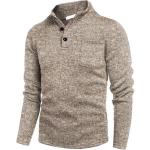 COOFANDY Men's Quarter Button Henley Sweater Casual Knitted Sweatshirt Mock Neck Thermal Fleece Pullover Sweater with Pocket (Light Khaki)