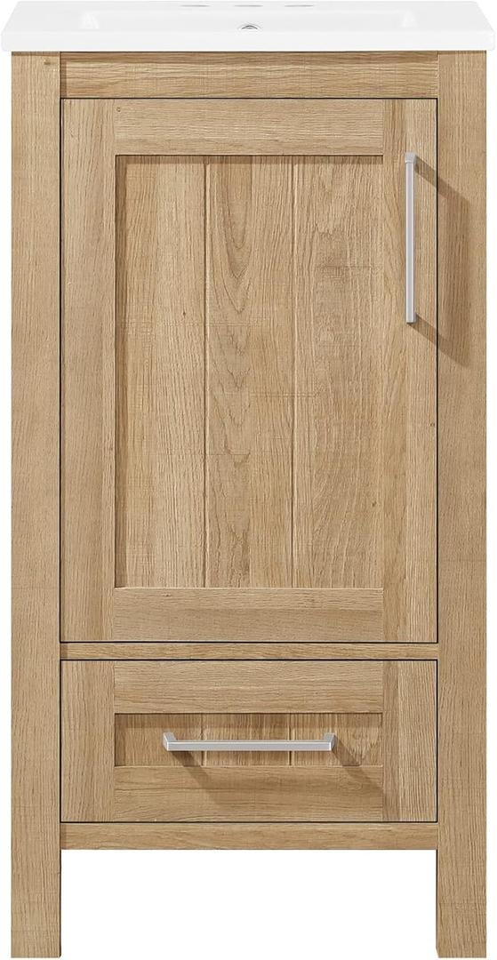 OVE Decors Kansas 18" Single Sink Bathroom Vanity Set with Countertop, Fully-Assembled | Ceramic Sink Included | 01 Door, 01 Drawer, 18 inches, White Oak