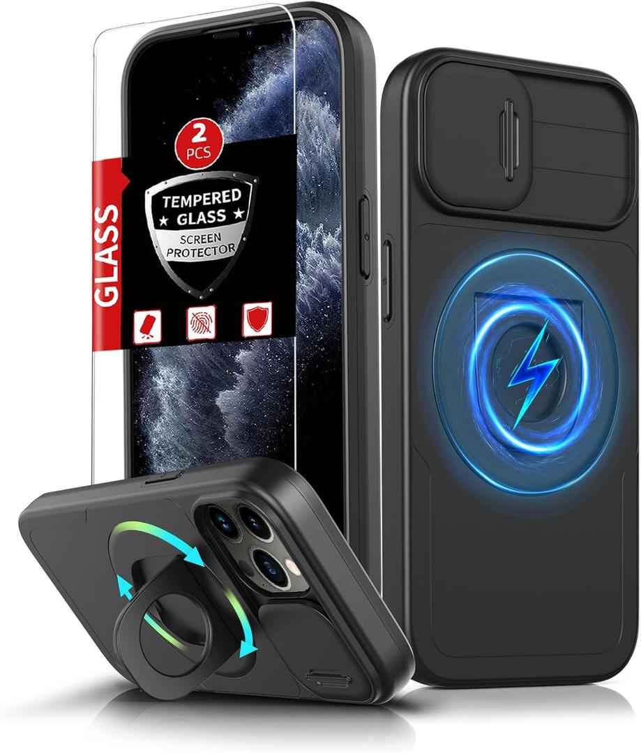 for iPhone 11 Pro Case Magnetic Compatible with MagSafe Wireless Charging,with 2 Screen Protectors,Built-in 360Kickstand Ring+Camera Cover Anti-Scratch Shockproof Heavy Duty Protection Black