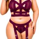 Curvy Lady's Strappy Lingerie For Women, Plus Size Exotic Garter Thong, BBW Halter Gifts For Him 3 Piece Set, Size 3 XL