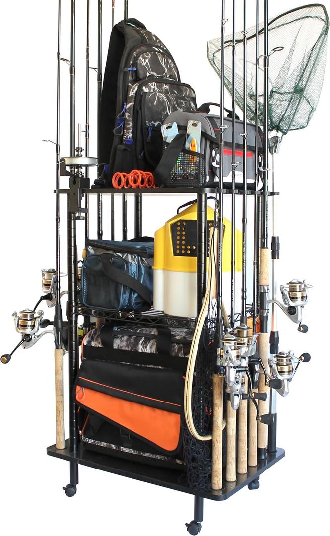 Rush Creek Creations Rod Holders for Garage Fishing Pole Rack Holds up to 12 Rods and Reel Combos - Mobile Garage or Shed Organizer car Fishing Gear Storage (Black)