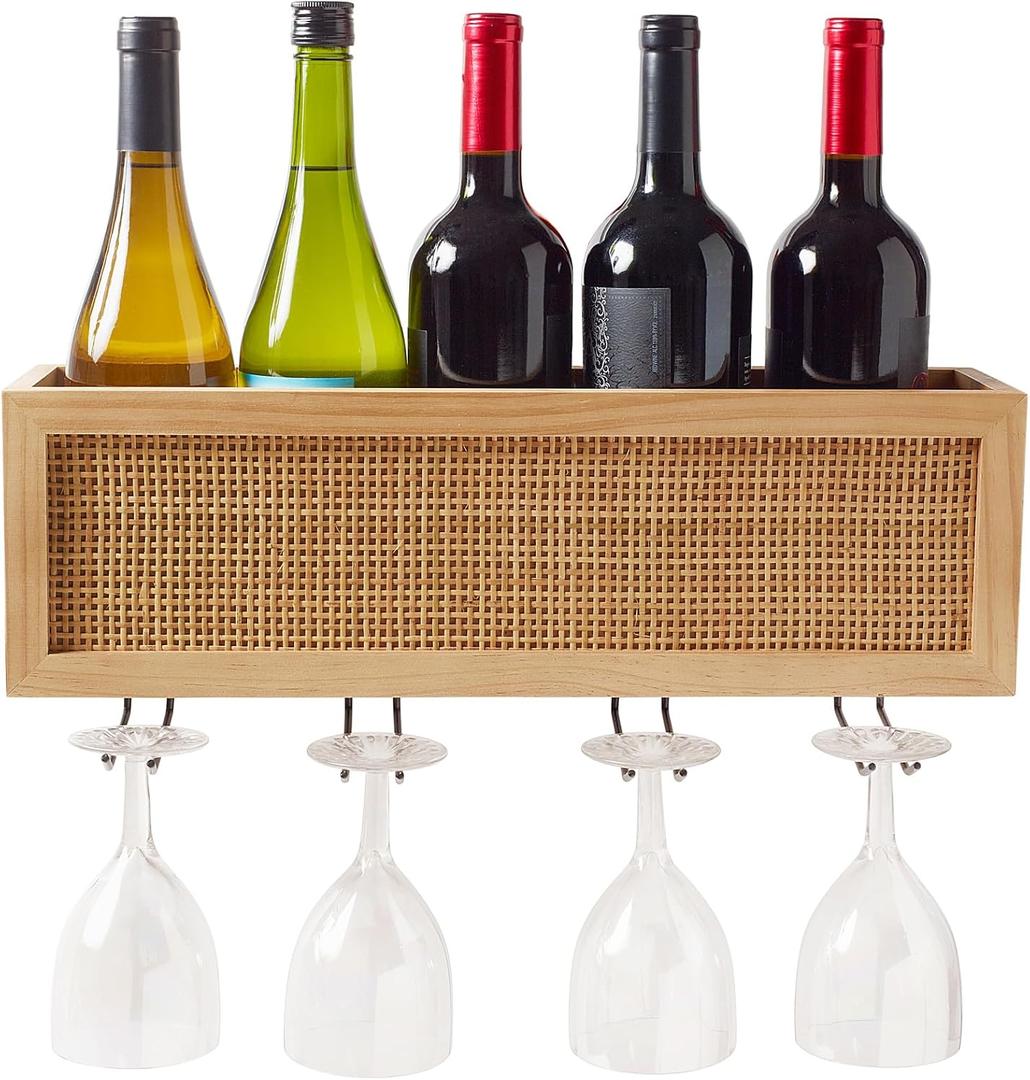 Autumn Alley Wall Mounted Rack -  Glass Holder with Natural Rattan Caning - Boho  Bottle Holder Hanging for Home, Kitchen, Dining Room,Bar, Wood and Rattan Wall Decor