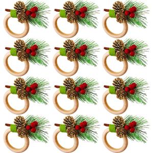 12 Pieces Christmas Napkin Rings Holder Pine Cones Poinsettia Pumpkin Wooden Napkin Rings Decor for Christmas Thanksgiving Birthday Party Supplies (Rustic Style)