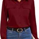 Wine Red Satin Silk Button-Down Shirt for Women Fitted Long Sleeve V-Neck Tunic Blouse Womens Oversized Button Down Blouse Collar Shirts Satin Casual Long Sleeve Tops with Pocket Red S