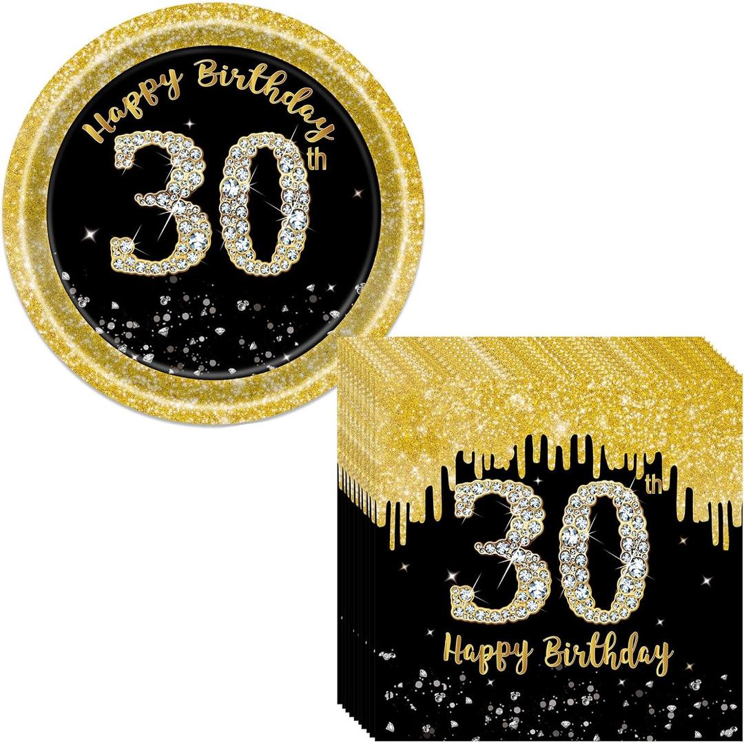 Happy 30th Birthday Plates and Napkins Party Supplies, 16pcs Plates and 20pcs Napkins 30th Birthday Party Tableware Decorations for Women Black and Gold