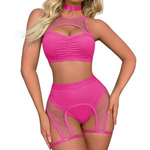 ABAFIP Women Rave Outfits Cutout Fishnet Top Booty Shorts Bottom Choker 3Pcs Babydoll Nightwear Festival Lingerie (Large, Rose)