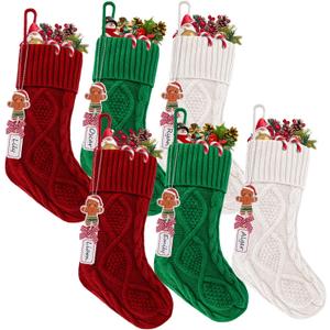 Personalized Christmas Stockings, 18" Stranded Knit Hanging Stockings, DIY Gingerbread Man Name Tag + Alphabet Stickers, Family Holiday Parties, Mantel Decorations (6 Pack, Burgundy, Green, Cream)