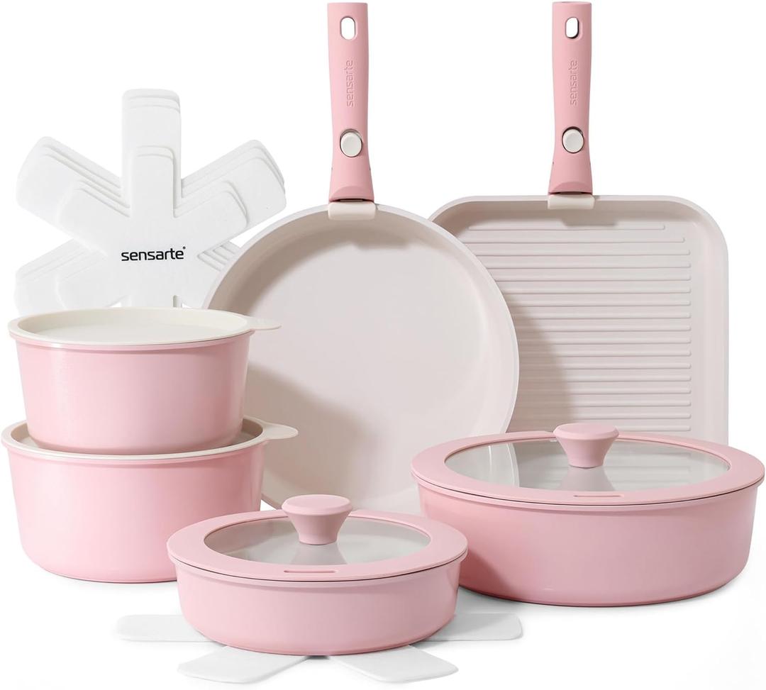 SENSARTE 17 Piece Ceramic Pots and Pans Set, Nonstick Detachable Handle Cookware, Induction Kitchen Cookware Set with Removable Handle, Dishwasher  Oven Safe (Pink)