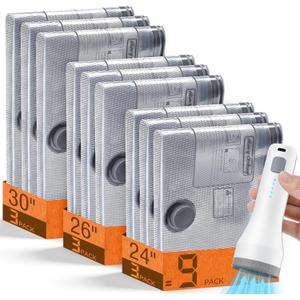 9 Pack Vacuum Storage Bags for Travel with Rechargeable Cordless Pump, Space Saver Bags for Clothes, Compression Packing Bags for Luggage and Suitcase, 9 Combo Size